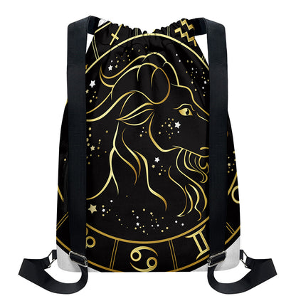 Gold And Black Capricorn Sign Print Drawstring Backpack