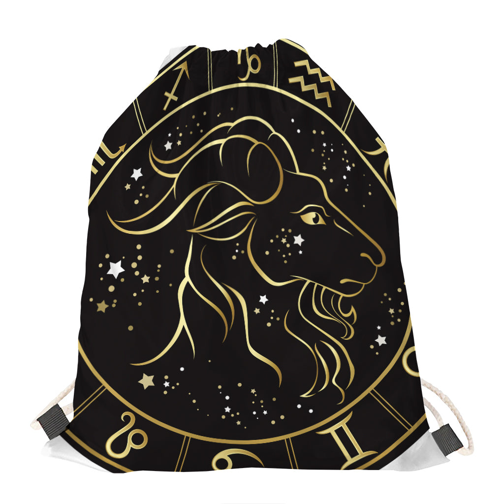 Gold And Black Capricorn Sign Print Drawstring Bag