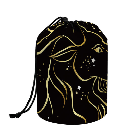 Gold And Black Capricorn Sign Print Drawstring Makeup Bag