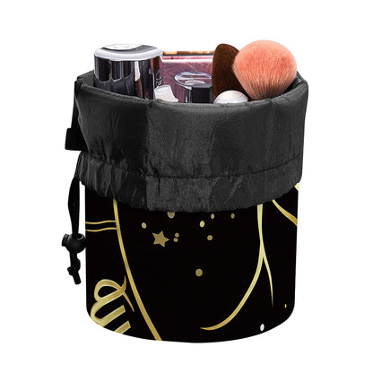 Gold And Black Capricorn Sign Print Drawstring Makeup Bag