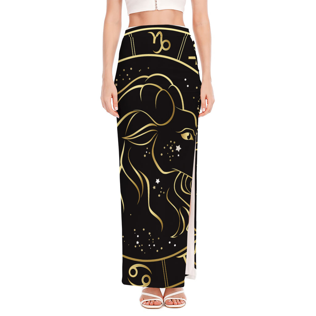 Gold And Black Capricorn Sign Print High Slit Maxi Skirt