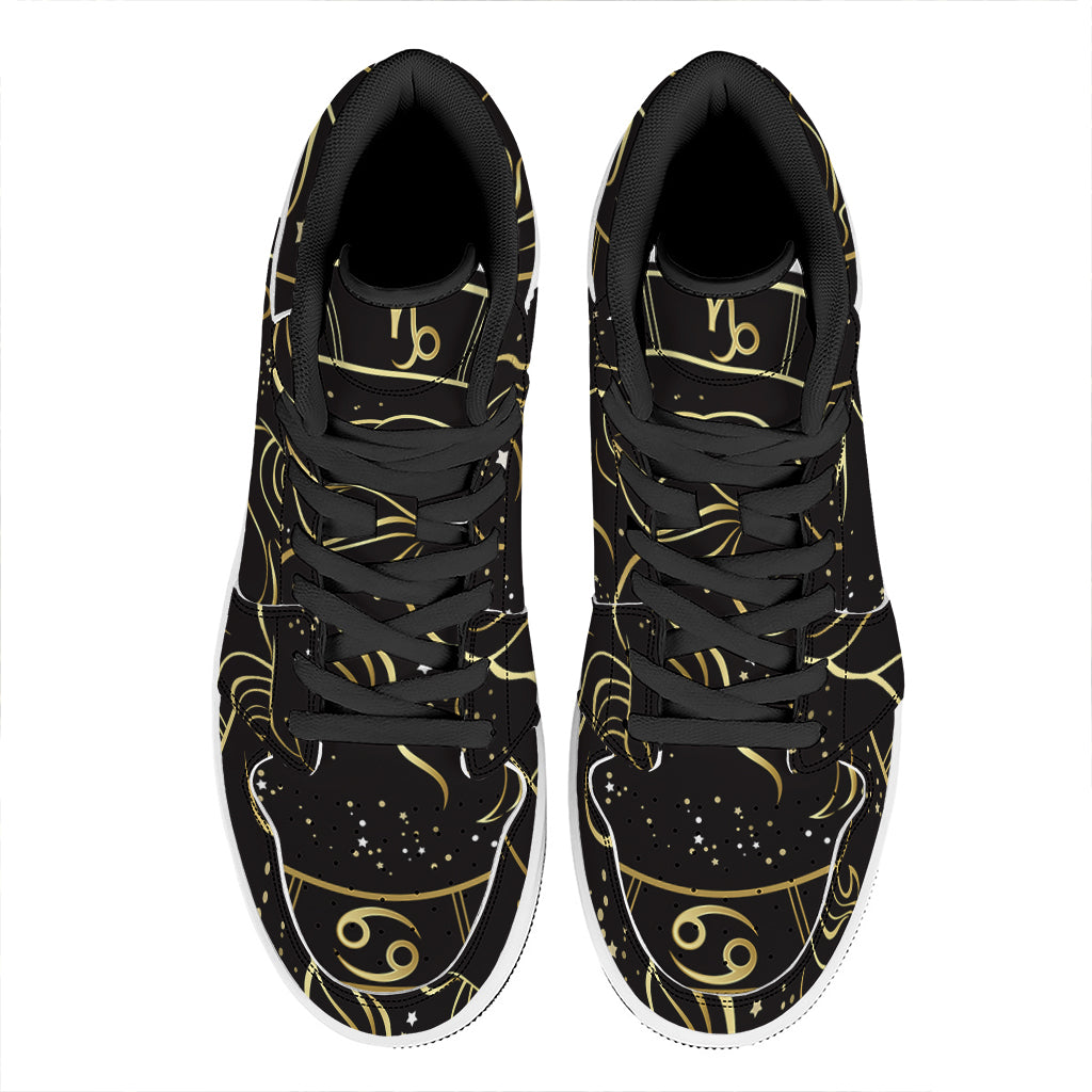 Gold And Black Capricorn Sign Print High Top Leather Sneakers