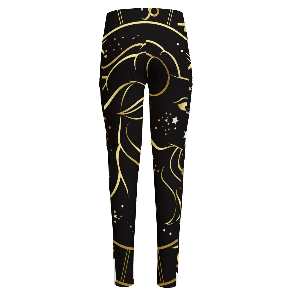 Gold And Black Capricorn Sign Print High-Waisted Pocket Leggings