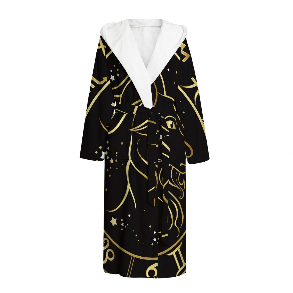 Gold And Black Capricorn Sign Print Hooded Bathrobe