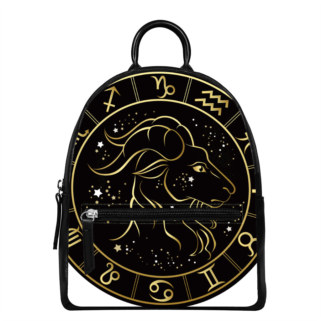 Gold And Black Capricorn Sign Print Leather Backpack