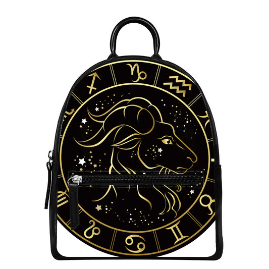 Gold And Black Capricorn Sign Print Leather Backpack