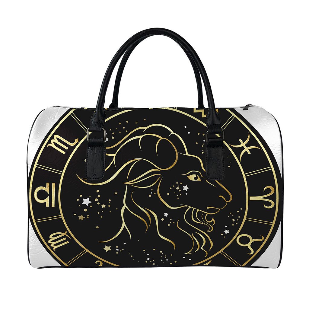 Gold And Black Capricorn Sign Print Leather Duffle Bag