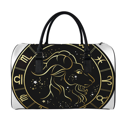 Gold And Black Capricorn Sign Print Leather Duffle Bag