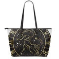 Gold And Black Capricorn Sign Print Leather Tote Bag With Zipper