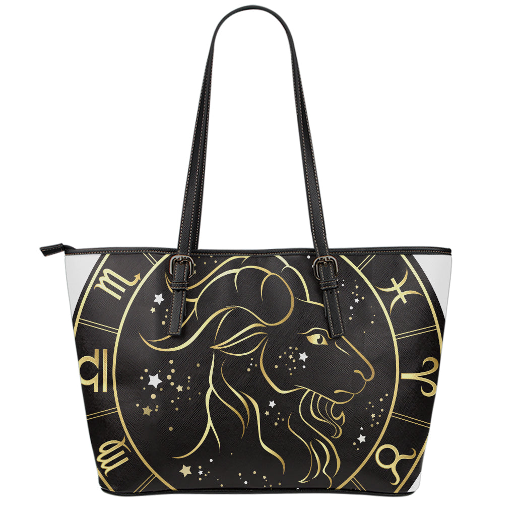 Gold And Black Capricorn Sign Print Leather Tote Bag