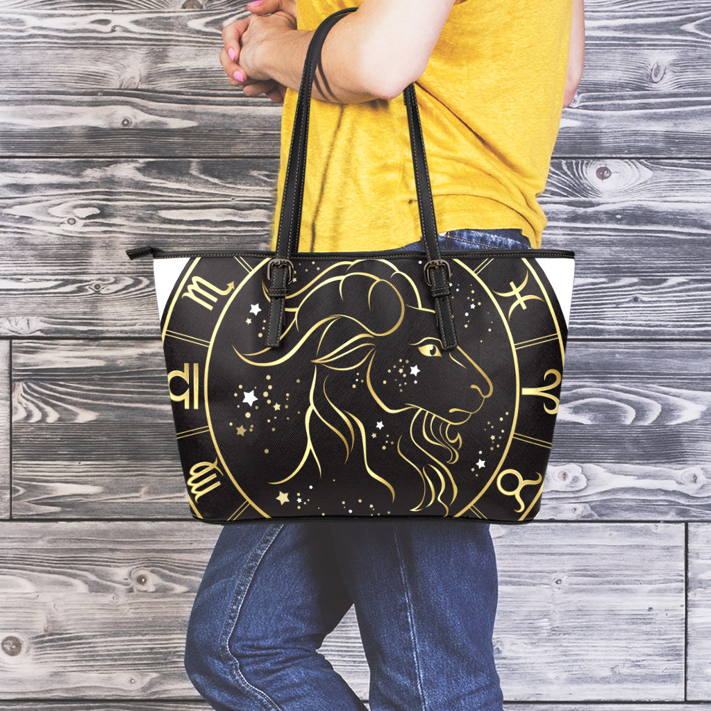Gold And Black Capricorn Sign Print Leather Tote Bag