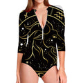 Gold And Black Capricorn Sign Print Long Sleeve Swimsuit