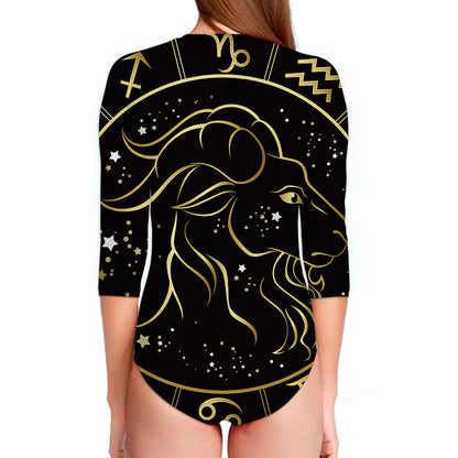 Gold And Black Capricorn Sign Print Long Sleeve Swimsuit