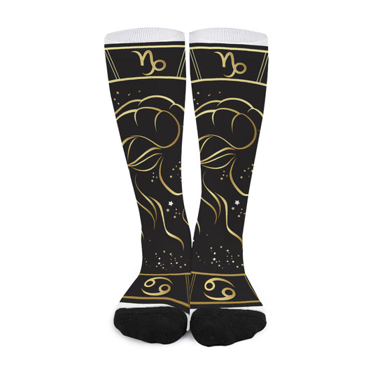 Gold And Black Capricorn Sign Print Long Socks