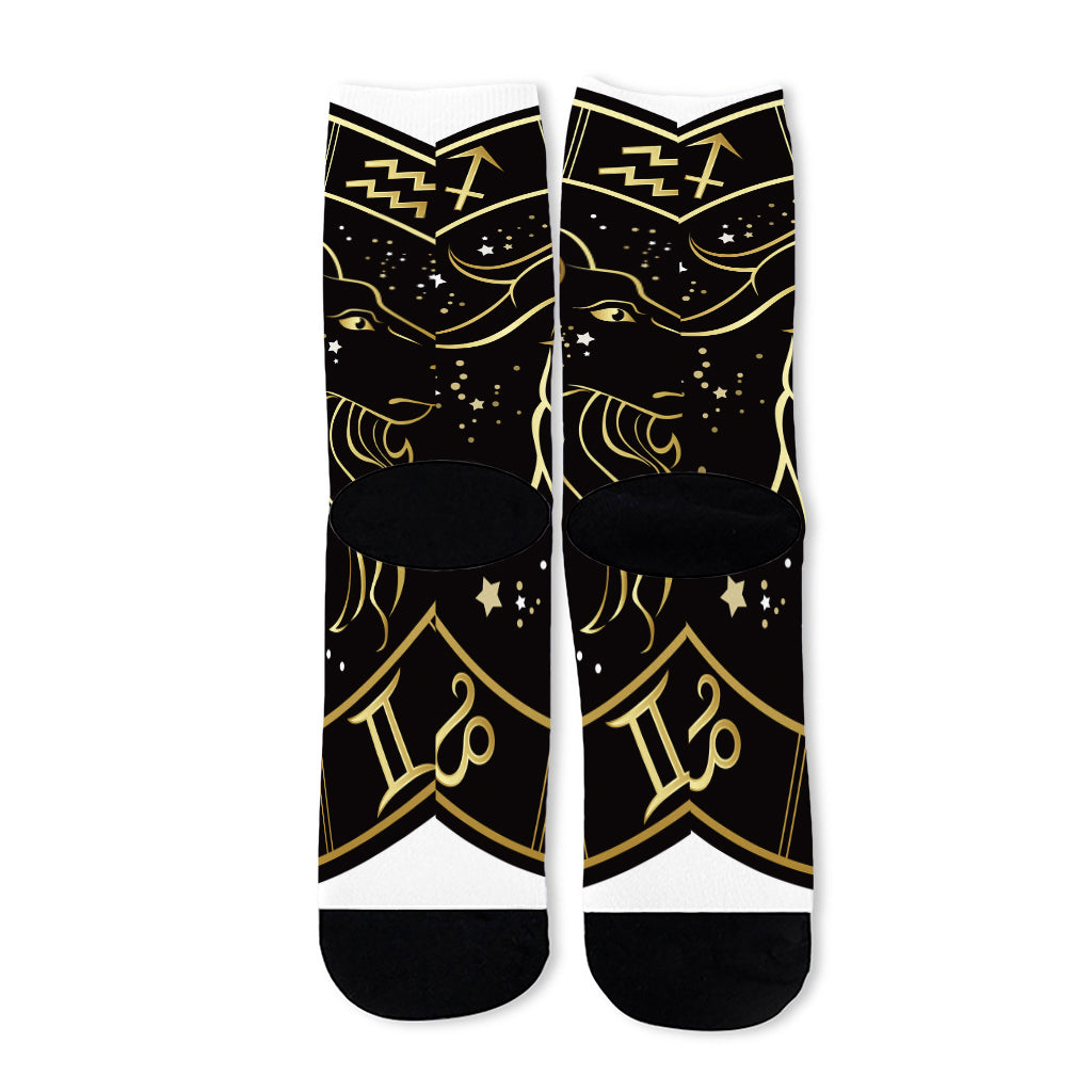 Gold And Black Capricorn Sign Print Long Socks