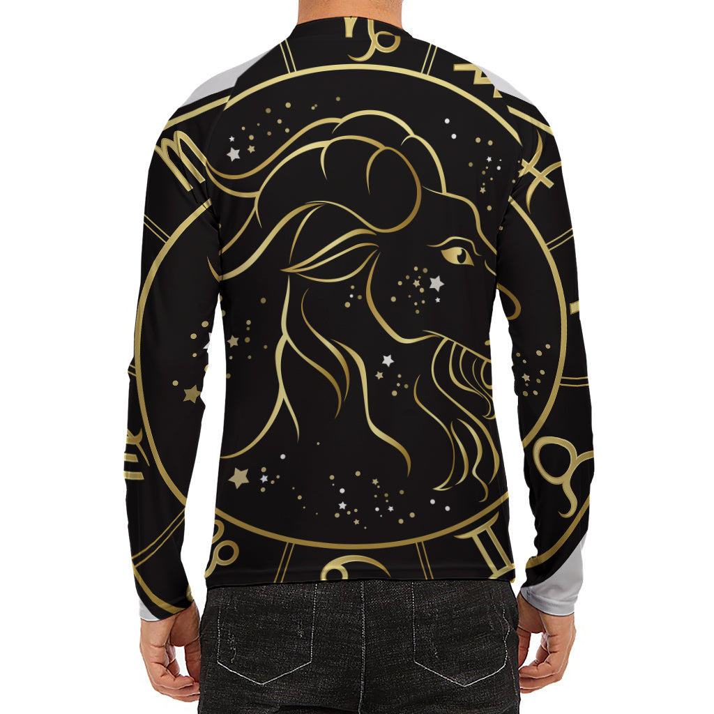 Gold And Black Capricorn Sign Print Men's Long Sleeve Rash Guard
