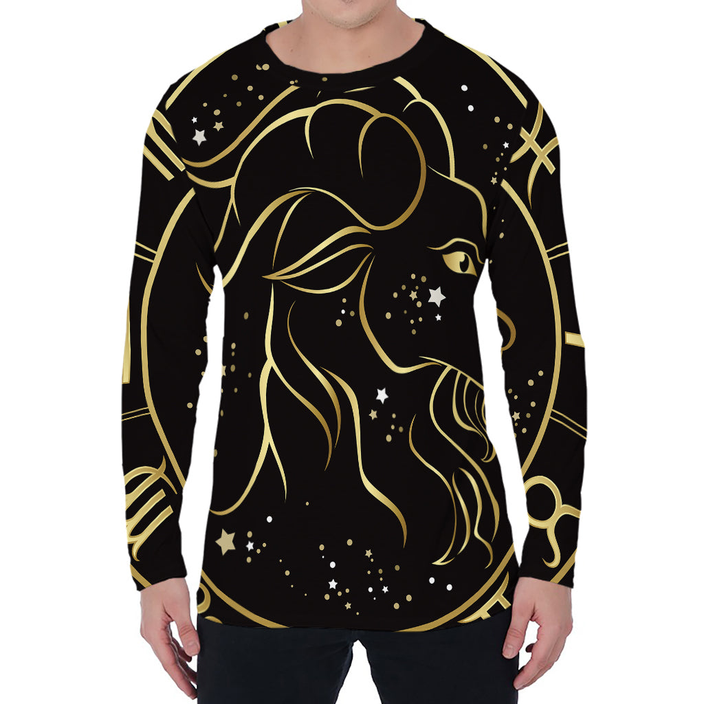 Gold And Black Capricorn Sign Print Men's Long Sleeve T-Shirt