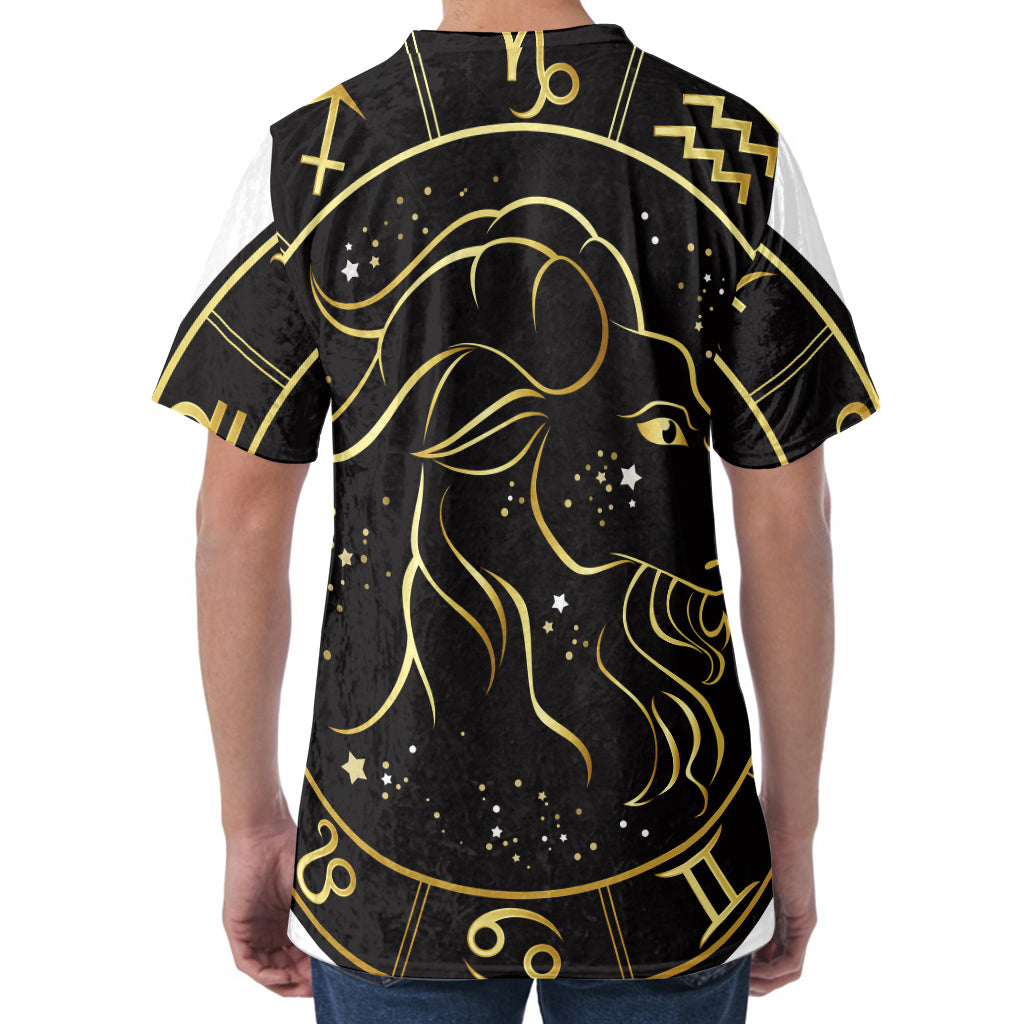 Gold And Black Capricorn Sign Print Men's Velvet T-Shirt
