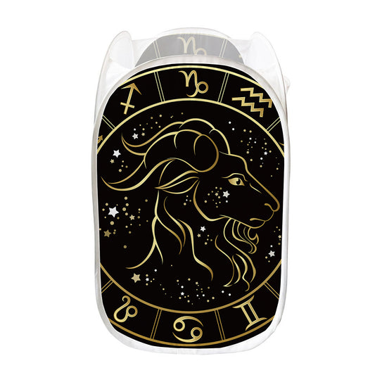 Gold And Black Capricorn Sign Print Mesh Laundry Hamper