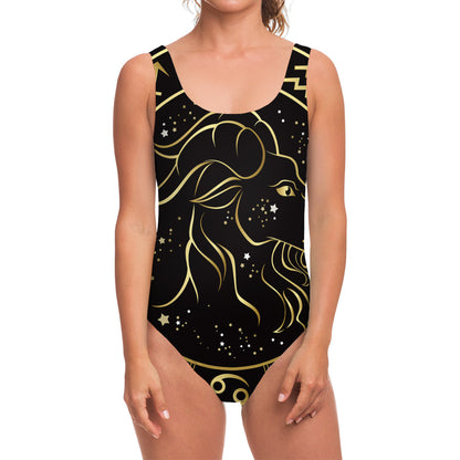 Gold And Black Capricorn Sign Print One Piece Swimsuit