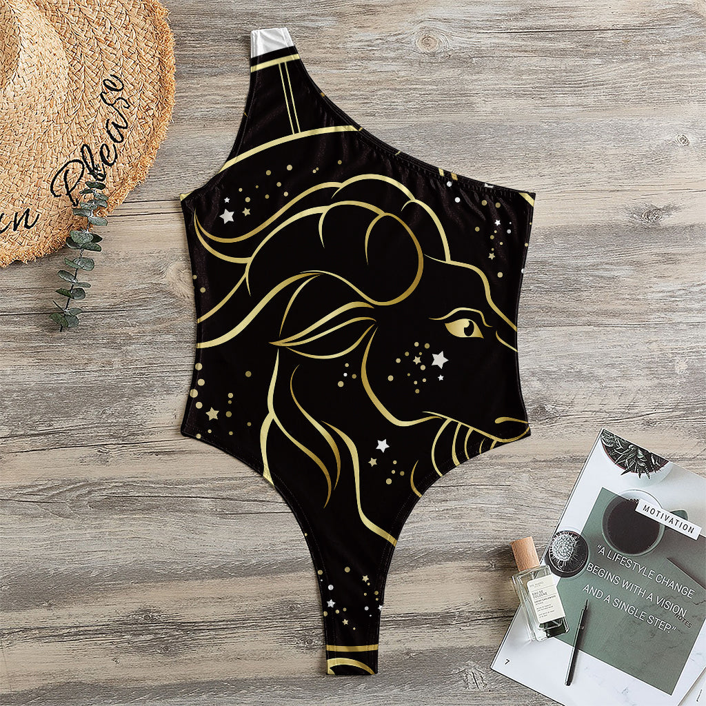 Gold And Black Capricorn Sign Print One Shoulder Bodysuit