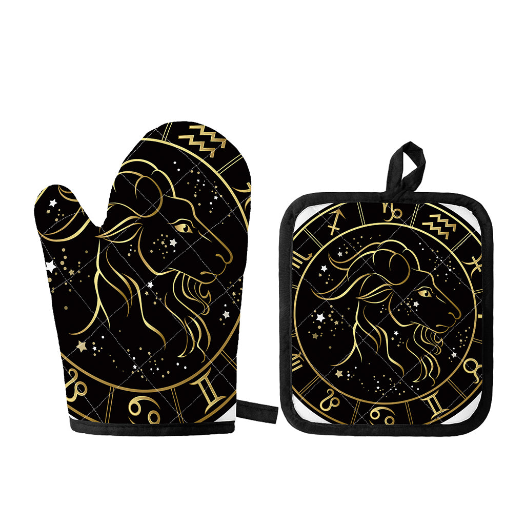 Gold And Black Capricorn Sign Print Oven Mitt And Pot Holder Set
