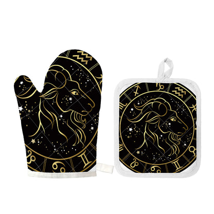 Gold And Black Capricorn Sign Print Oven Mitt And Pot Holder Set