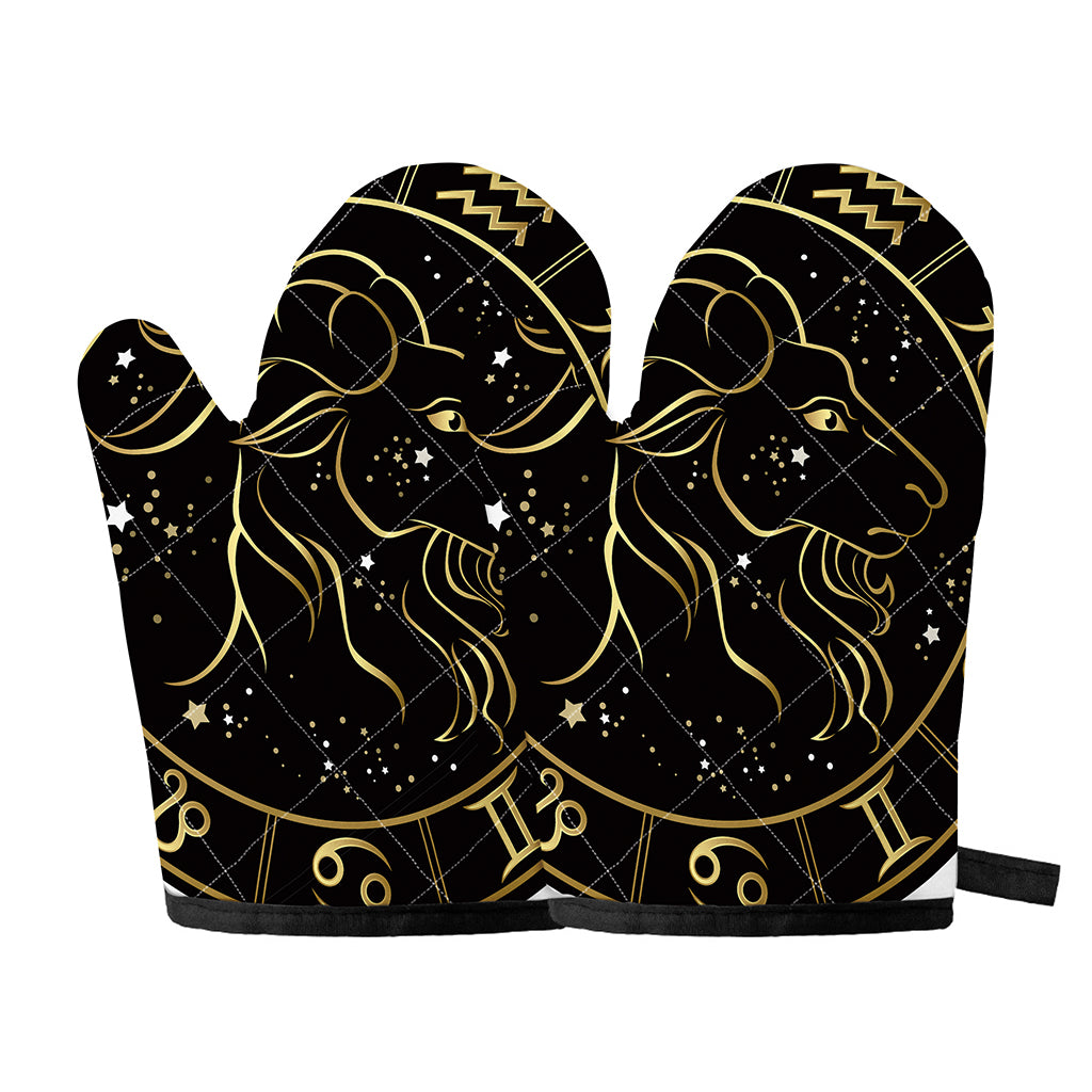 Gold And Black Capricorn Sign Print Oven Mitts