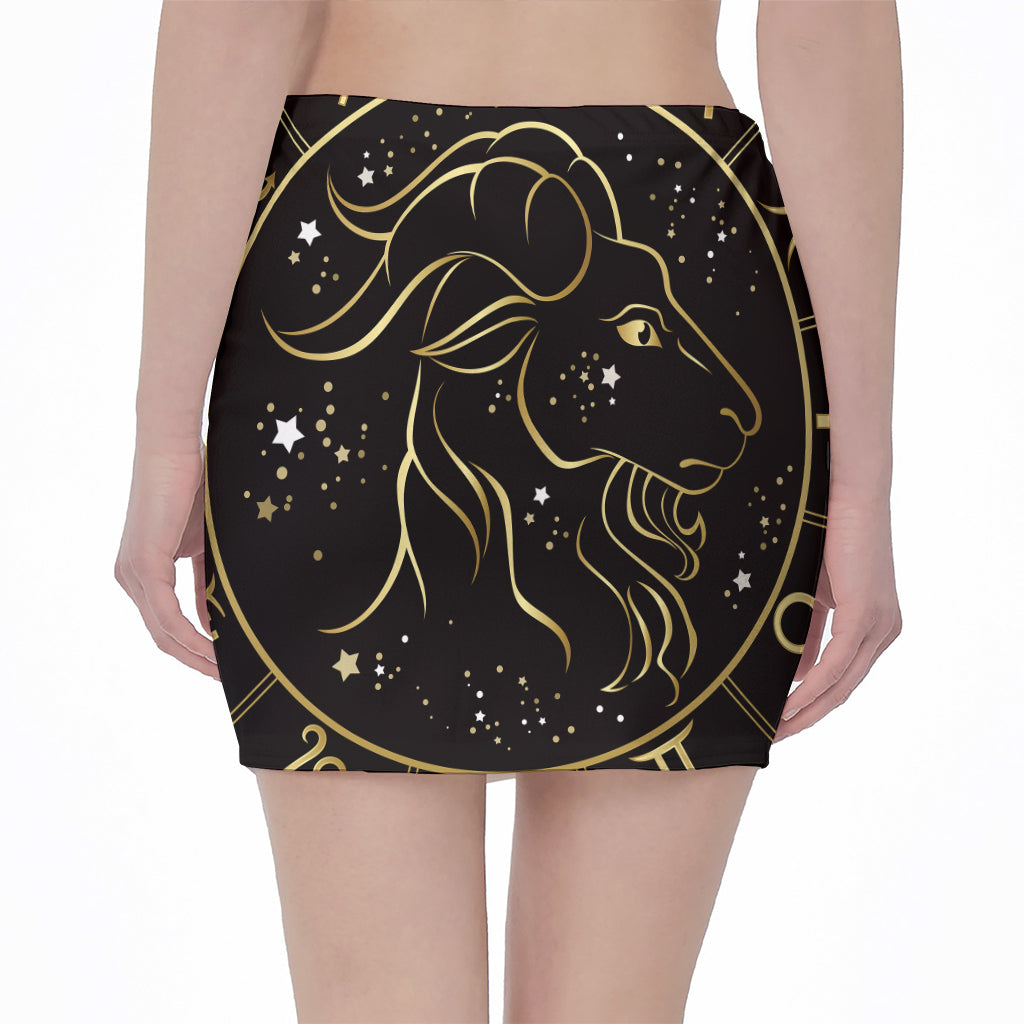 Gold And Black Capricorn Sign Print Pencil Mini Skirt