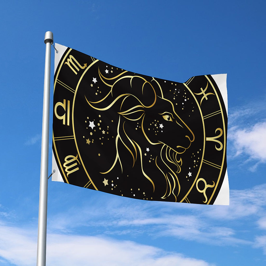 Gold And Black Capricorn Sign Print Polyester Flag