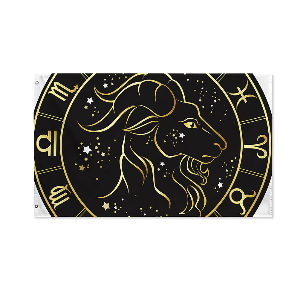 Gold And Black Capricorn Sign Print Polyester Flag