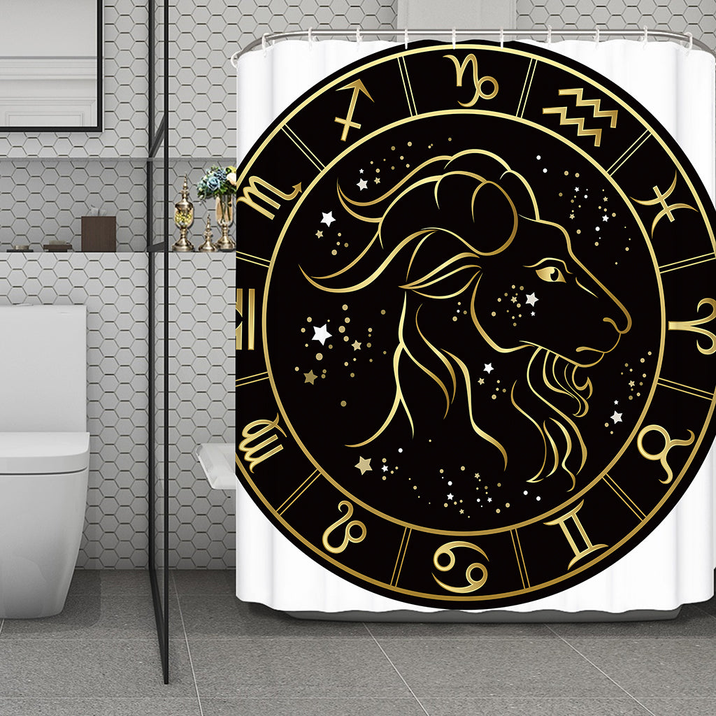 Gold And Black Capricorn Sign Print Polyester Shower Curtain