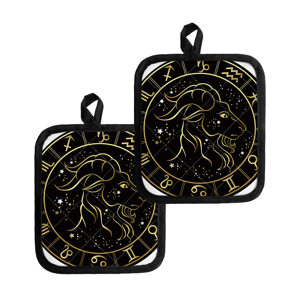 Gold And Black Capricorn Sign Print Pot Holders