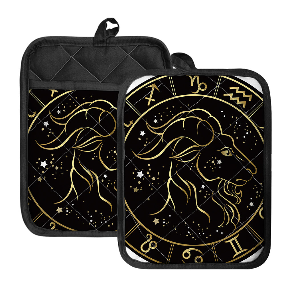 Gold And Black Capricorn Sign Print Pot Holders With Pocket