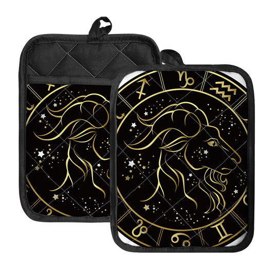 Gold And Black Capricorn Sign Print Pot Holders With Pocket