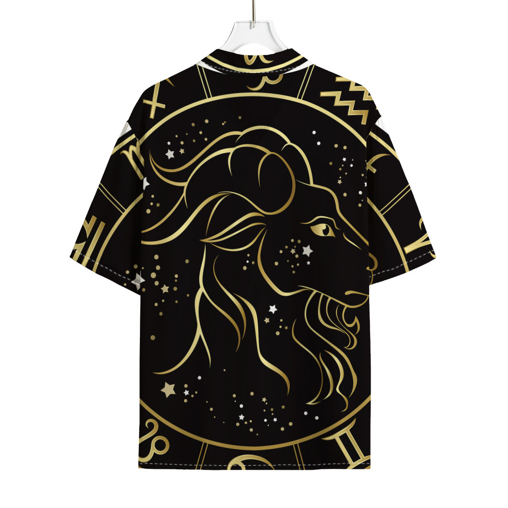 Gold And Black Capricorn Sign Print Rayon Hawaiian Shirt