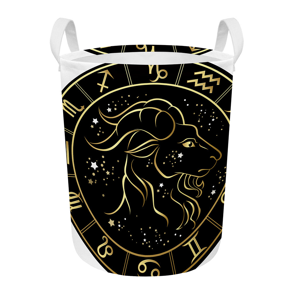 Gold And Black Capricorn Sign Print Round Laundry Basket