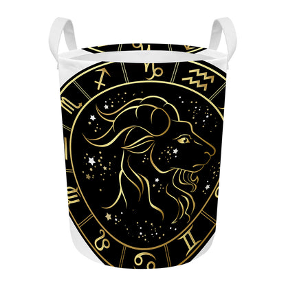 Gold And Black Capricorn Sign Print Round Laundry Basket