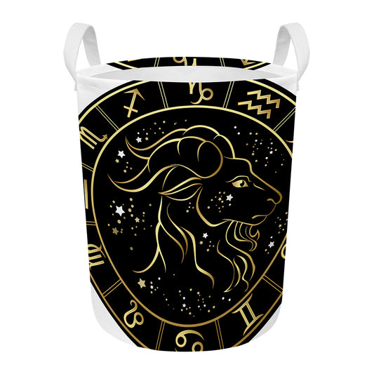 Gold And Black Capricorn Sign Print Round Laundry Basket