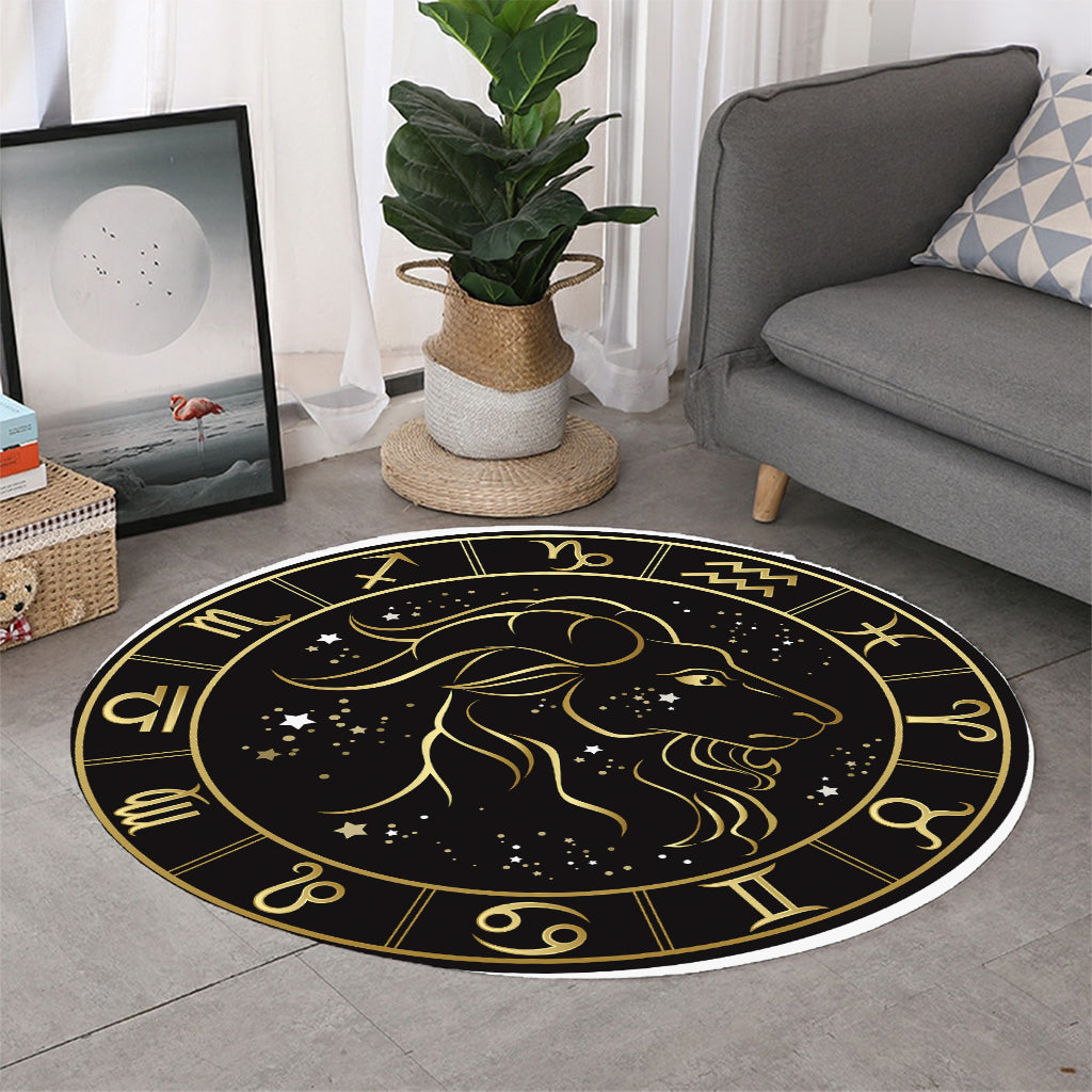 Gold And Black Capricorn Sign Print Round Rug