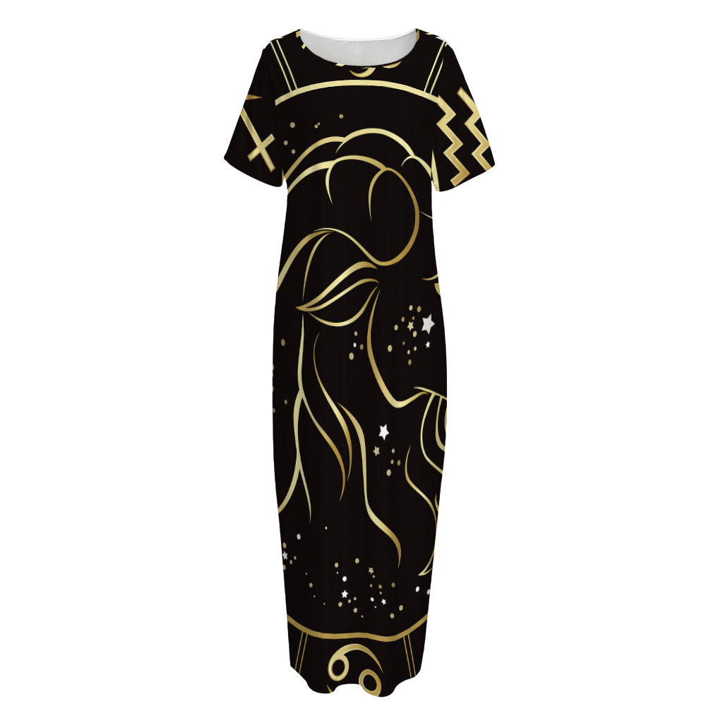 Gold And Black Capricorn Sign Print Short Sleeve Long Nightdress