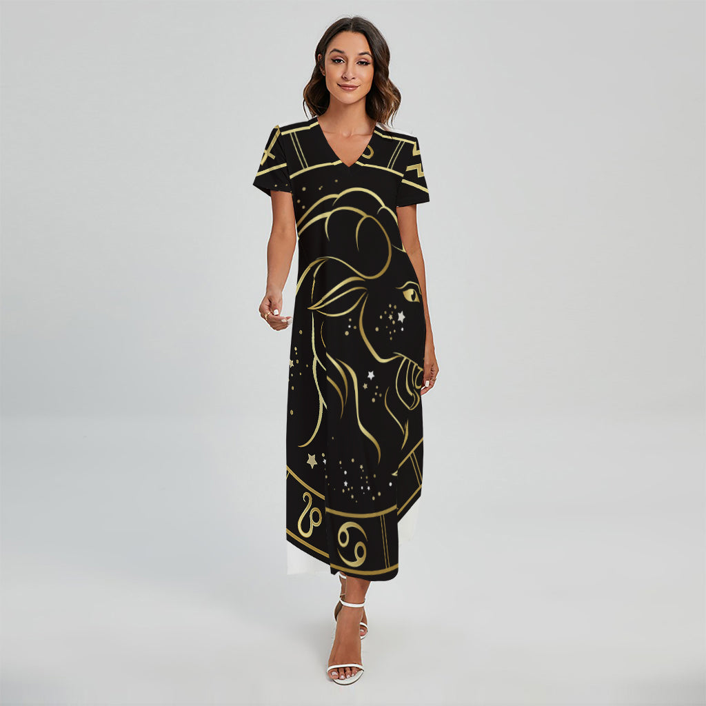 Gold And Black Capricorn Sign Print Short Sleeve Maxi Dress