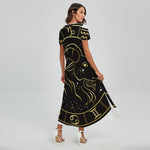 Gold And Black Capricorn Sign Print Short Sleeve Maxi Dress