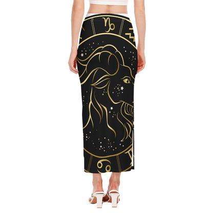 Gold And Black Capricorn Sign Print Side Slit Maxi Skirt