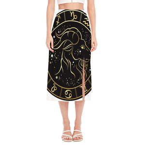 Gold And Black Capricorn Sign Print Side Slit Midi Skirt