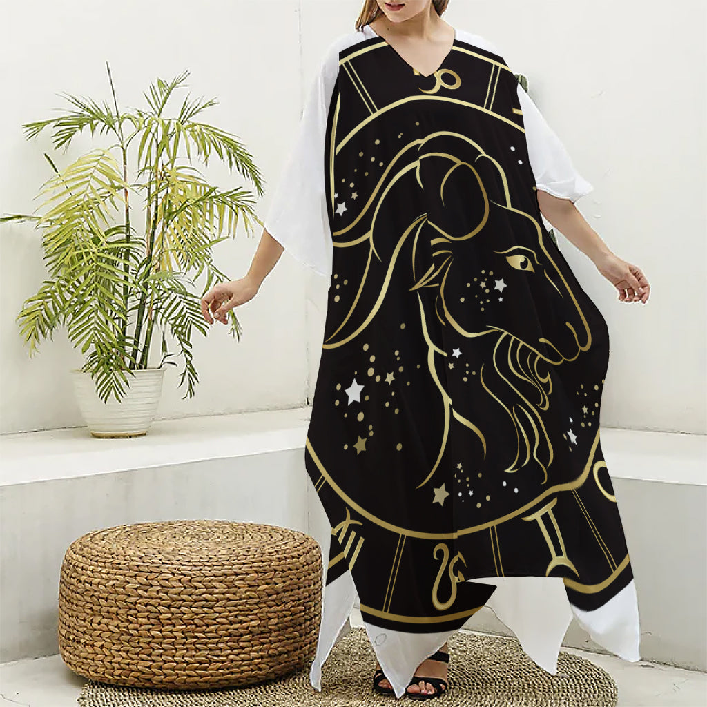 Gold And Black Capricorn Sign Print Silk V-Neck Kaftan Dress