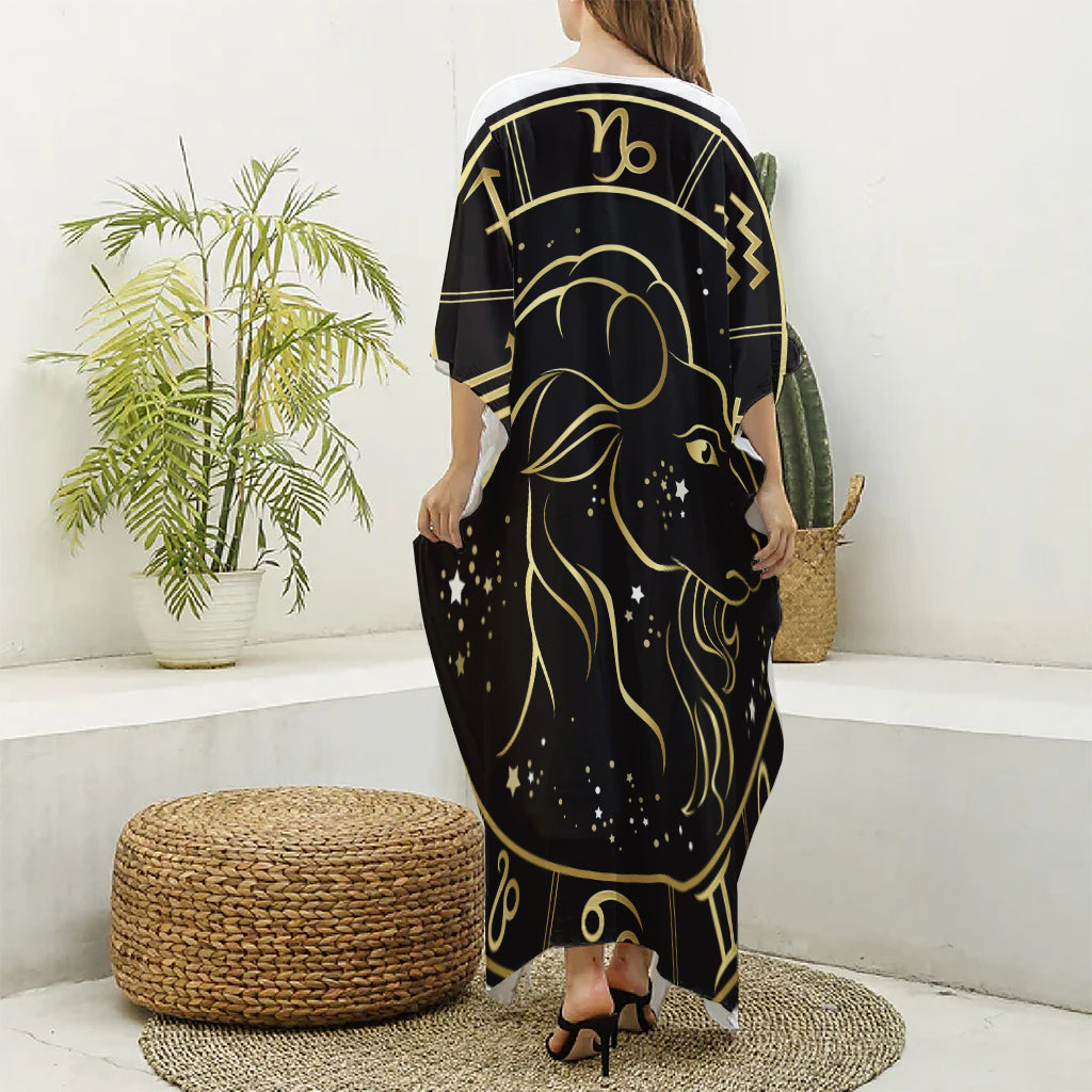 Gold And Black Capricorn Sign Print Silk V-Neck Kaftan Dress