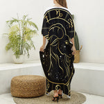 Gold And Black Capricorn Sign Print Silk V-Neck Kaftan Dress