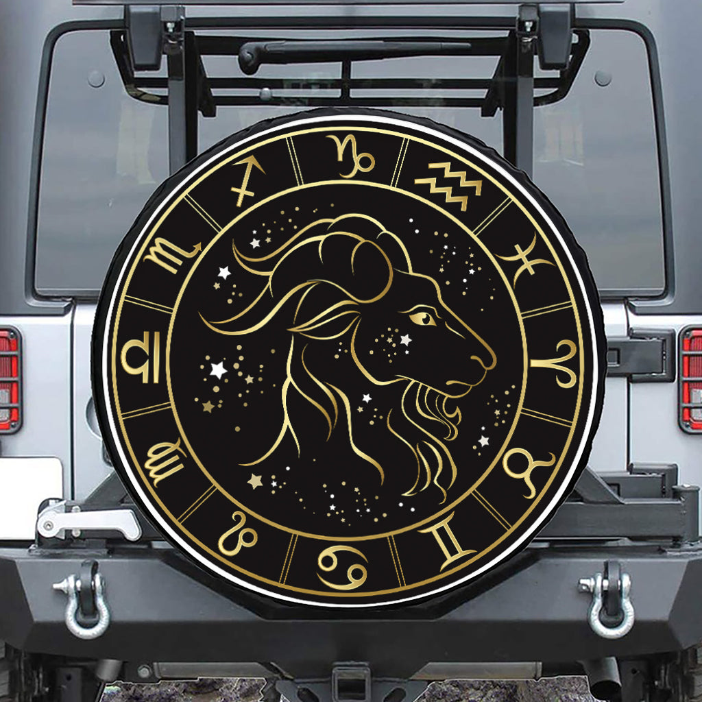 Gold And Black Capricorn Sign Print Tire Cover