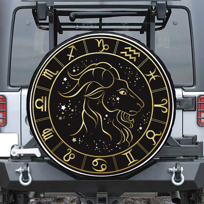 Gold And Black Capricorn Sign Print Tire Cover